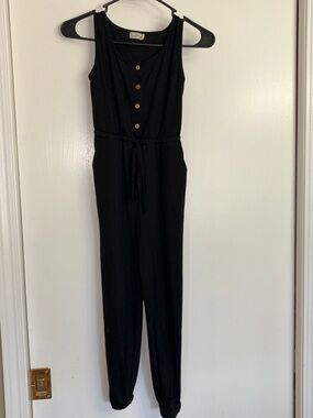 Black Sleeveless Kids Jumpsuit with Button Front and Drawstring Waist